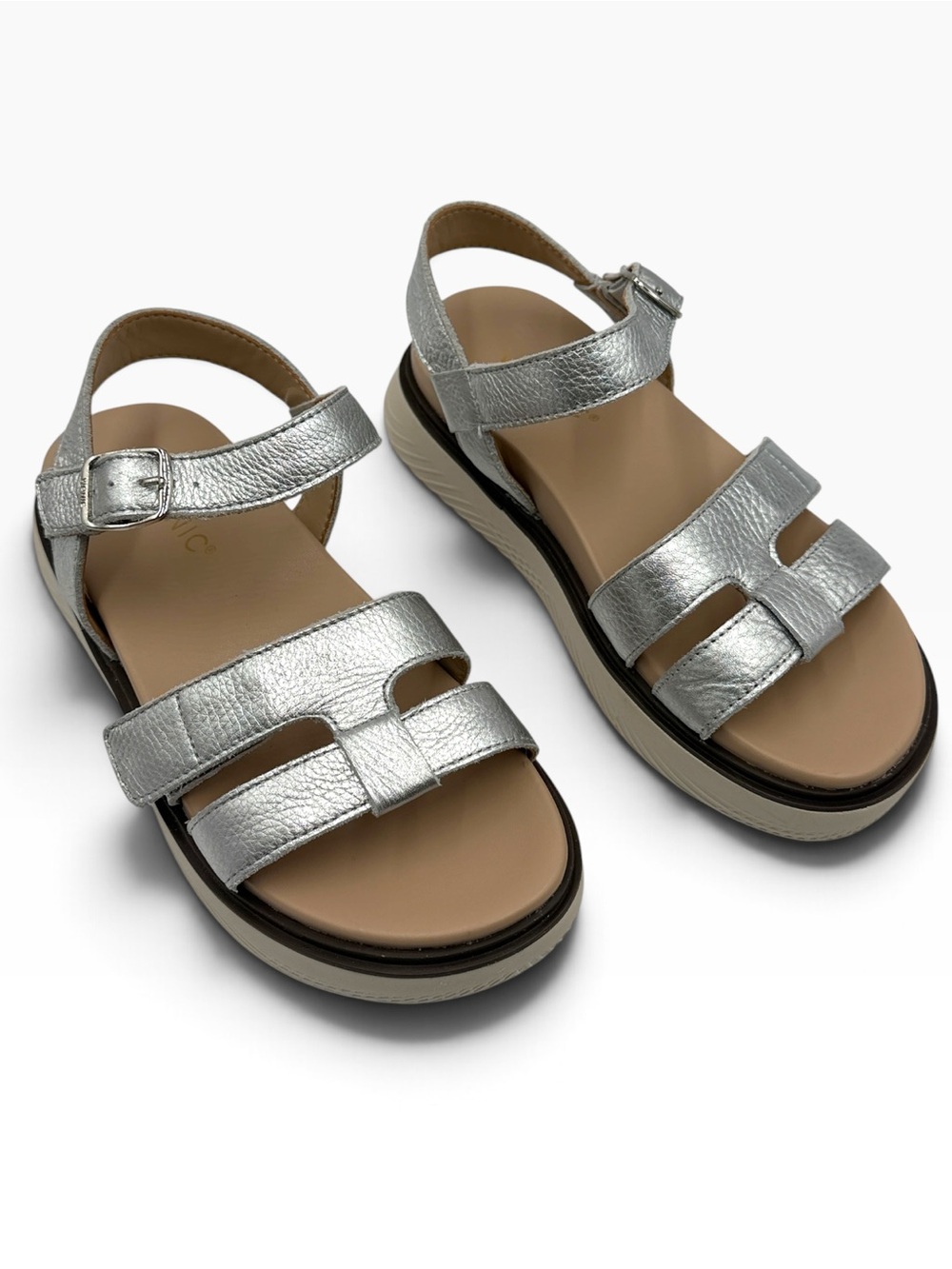 VIONIC Solana Metallic Silver Leather Platform Sandals Size 6